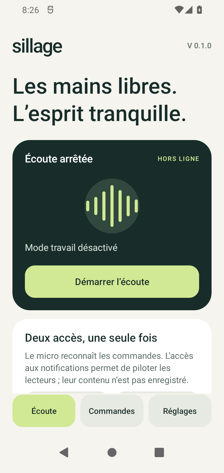 Accueil de Sillage et bouton pour démarrer les commandes vocales